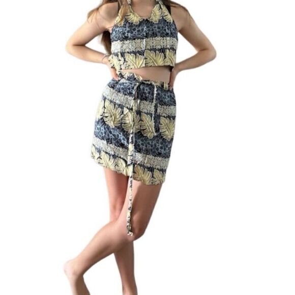 Tropical Halter Crop Top & Wrap Mini Skirt 2Pc Set Ladies S blue yellow rayon - Picture 1 of 14